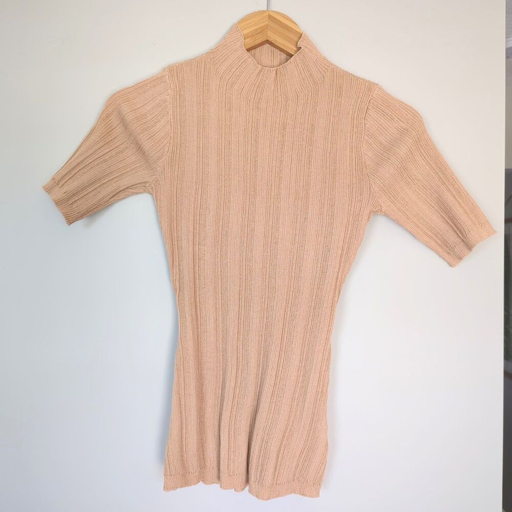 SER.O.YA Abigail Rib Knit Half Short Sleeve Turtleneck Top Tan Small Preppy - Picture 2 of 7